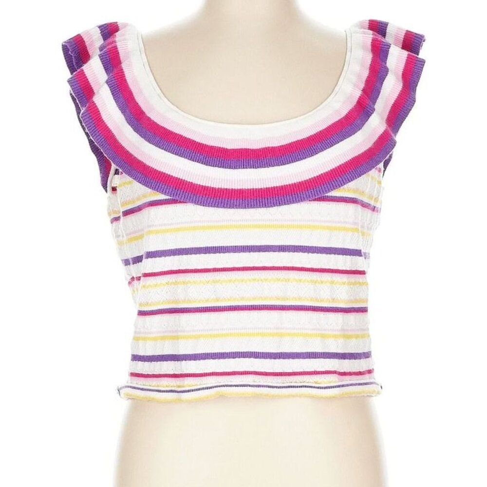 Emily Wonder Colorful Knit Ruffle Blouse Size L, NWT Retro Festival Pride Summer
